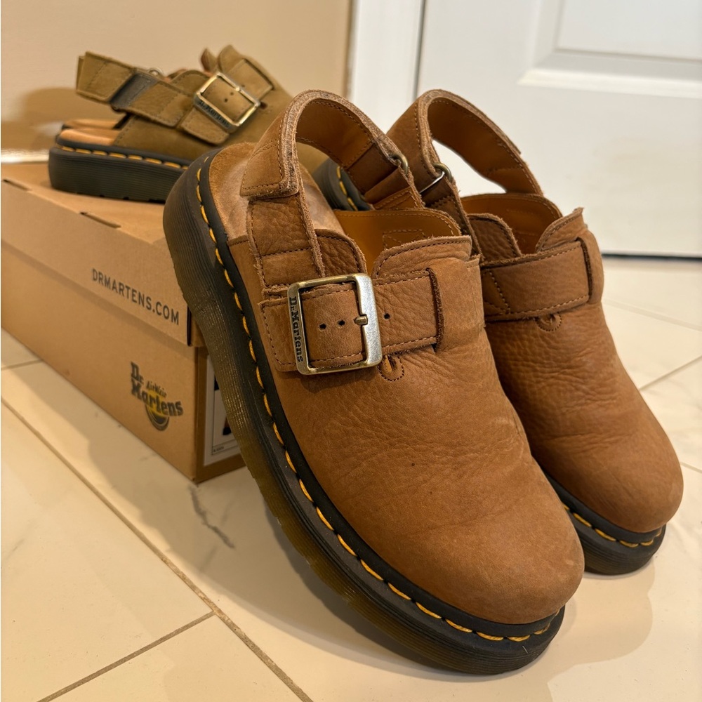DrMartens Jorges Tan and Green Suede Leather Mules